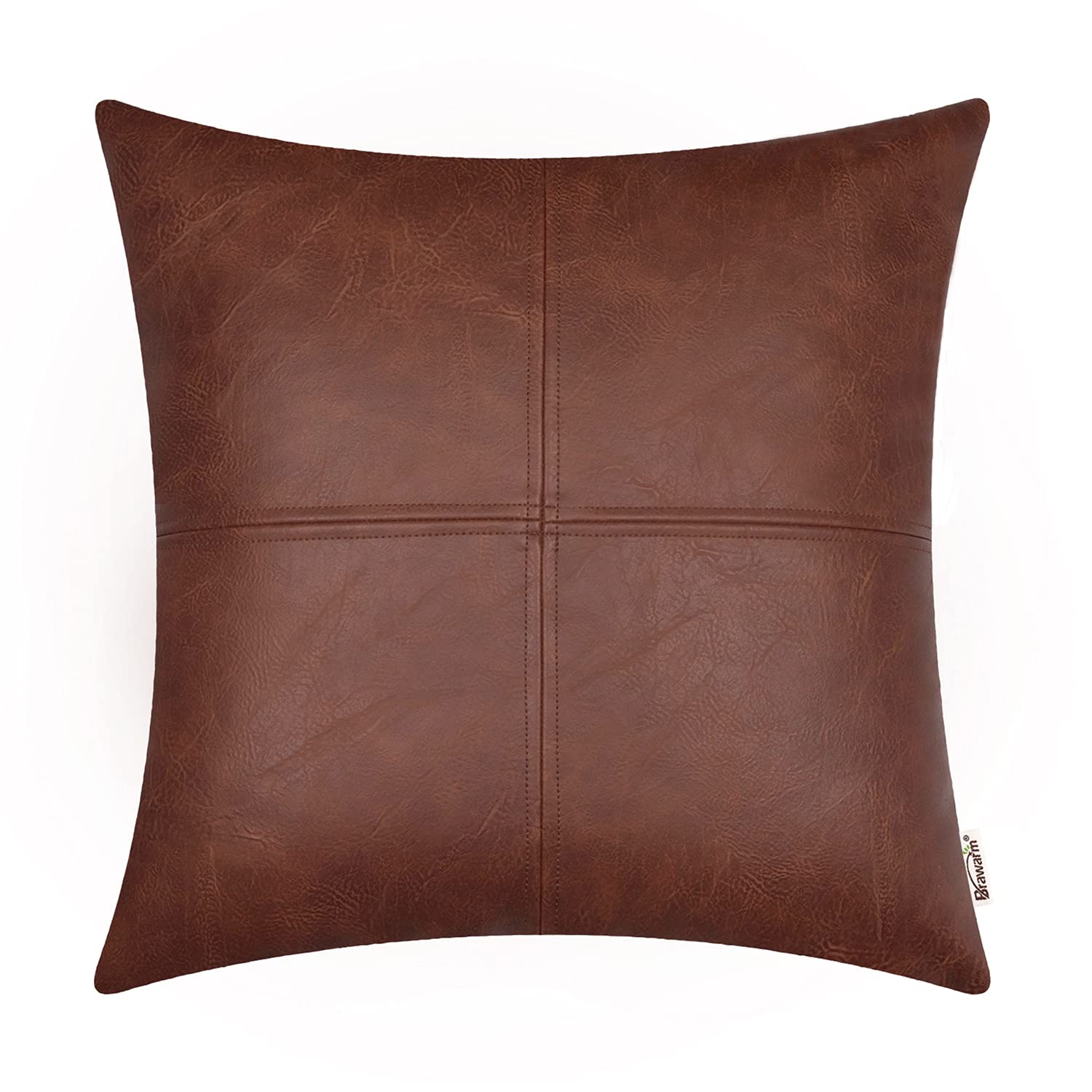 Brawarm Faux Leather Throw Pillow Covers 16 X 16 Inches, Dark Brown Leather Pillow Cover, Hand Stitched Leather Decorative Pillo